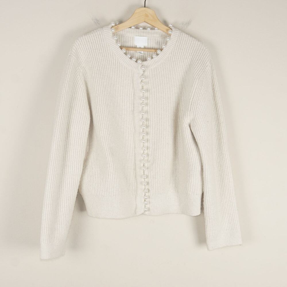 H&M Bead Pearl Trim Embellished Ribbed Knit Cream Ivory Cardigan Womens Sz L